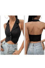 Black Halter Collar Button-Front Crop Vest