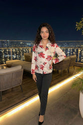 White & Red Floral Print Satin Shirt
