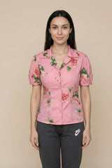Pink Floral Puff-Sleeve Button-Down Shirt