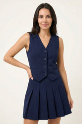Navy Tailored Button-Front Vest & Pleated Skirt Set