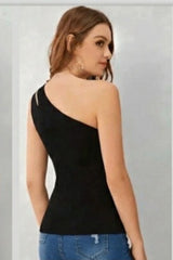 Black One-Shoulder Cut-Out Fitted Top
