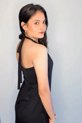 Black Halter Neck High-Slit Midi Dress
