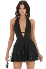 Black Halter Neck Plunge Fit & Flare Party Dress