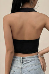 Black Halter Collar Button-Front Crop Vest