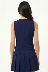Navy Tailored Button-Front Vest & Pleated Skirt Set
