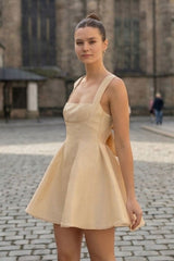 Elegant Beige A-Line Mini Dress with Square Neck