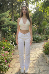White Textured Halter Crop Top