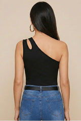 Black One-Shoulder Cut-Out Fitted Top