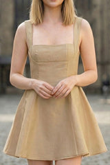 Elegant Beige A-Line Mini Dress with Square Neck