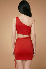 Red One-Shoulder Ruched Cut-Out Mini Dress