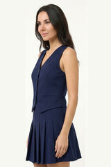 Navy Tailored Button-Front Vest & Pleated Skirt Set