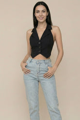Black Halter Collar Button-Front Crop Vest