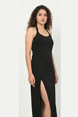 Black Halter Neck High-Slit Midi Dress