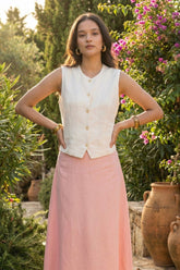 Ivory Button-Front Sleeveless Linen Vest