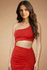 Red One-Shoulder Ruched Cut-Out Mini Dress