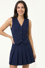 Navy Tailored Button-Front Vest & Pleated Skirt Set