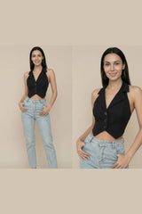 Black Halter Collar Button-Front Crop Vest