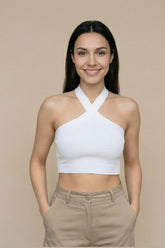 White Ribbed Cross-Halter Crop Top