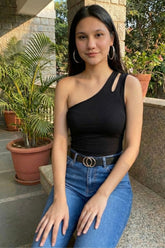 Black One-Shoulder Cut-Out Fitted Top