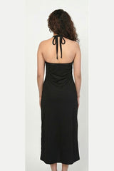 Black Halter Neck High-Slit Midi Dress
