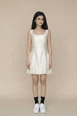 Ivory Satin Square-Neck A-Line Mini Dress