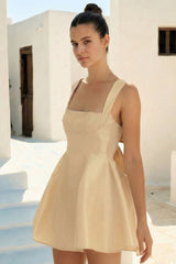 Elegant Beige A-Line Mini Dress with Square Neck