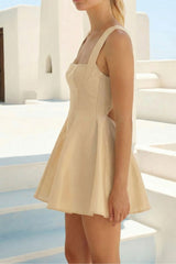 Elegant Beige A-Line Mini Dress with Square Neck