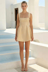 Elegant Beige A-Line Mini Dress with Square Neck