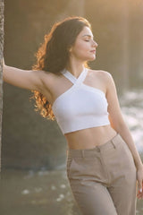 White Ribbed Cross-Halter Crop Top