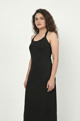 Black Halter Neck High-Slit Midi Dress