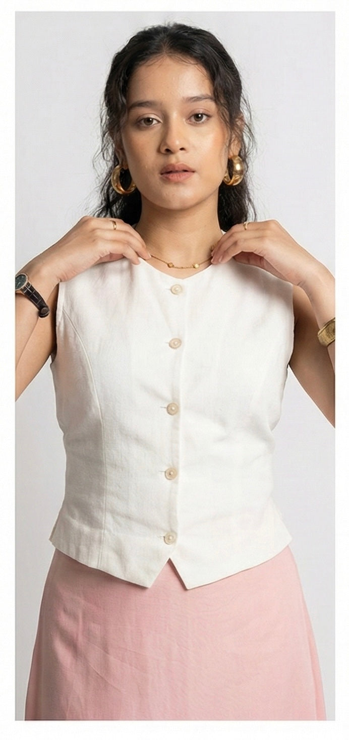 White Sleeveless Button Top & Pink Bow Skirt