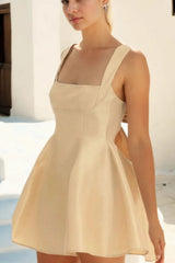 Elegant Beige A-Line Mini Dress with Square Neck