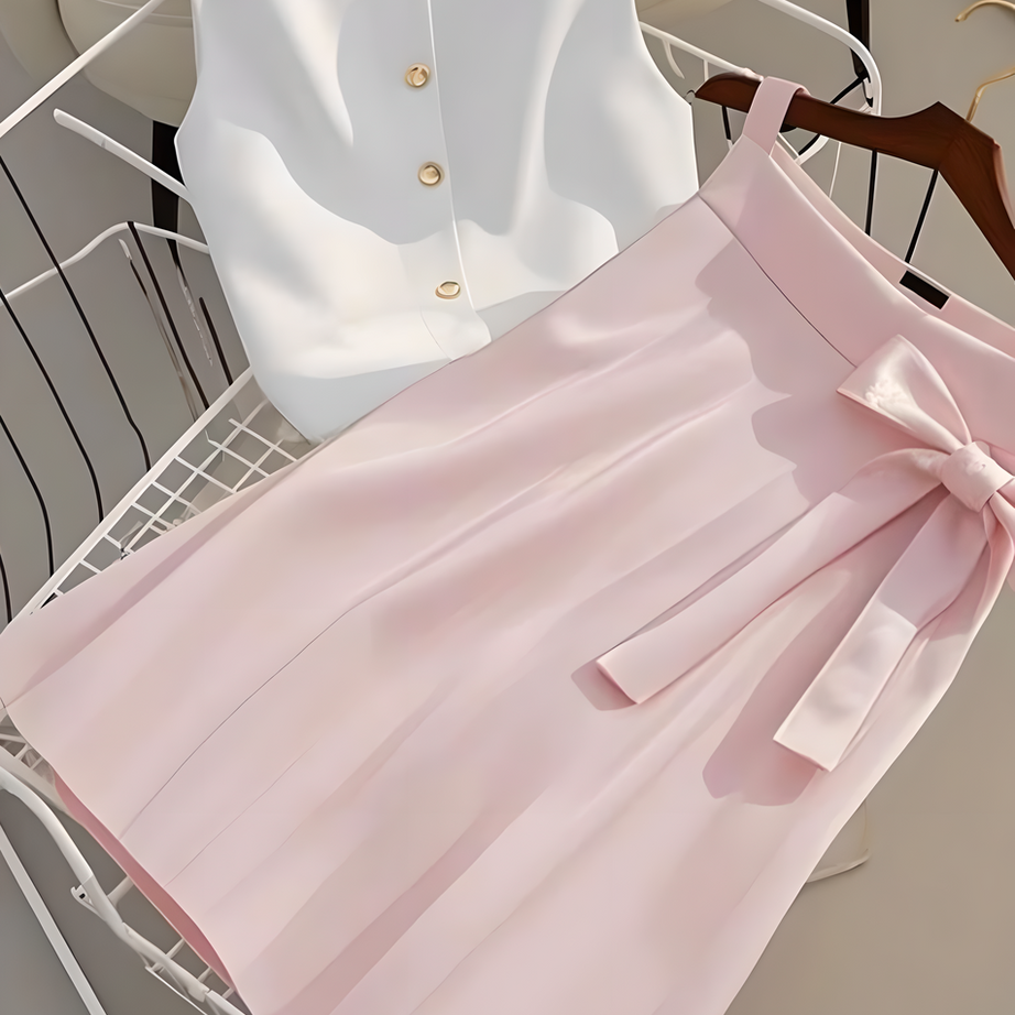 TWO PIECE WHITE SLEEVELESS TOP & PINK SKIRT