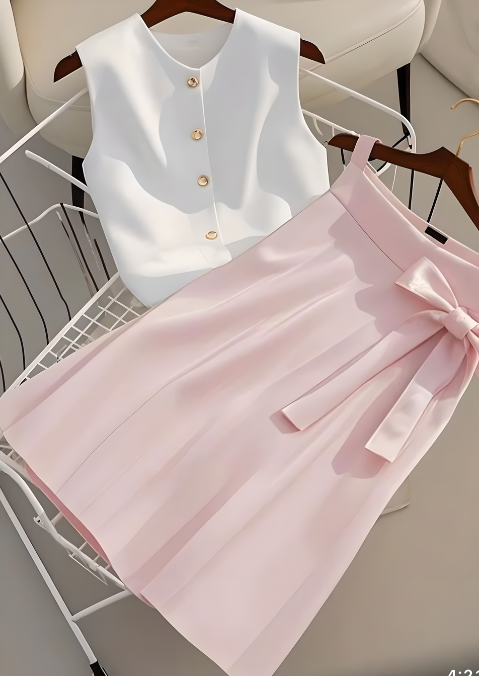 White Sleeveless Button Top & Pink Bow Skirt