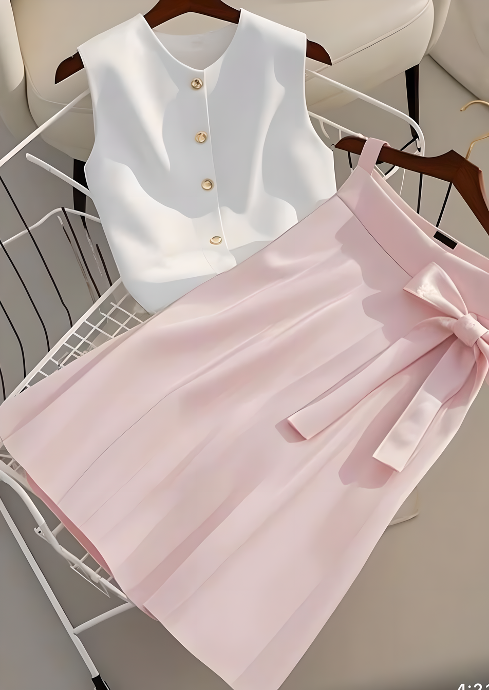 TWO PIECE WHITE SLEEVELESS TOP & PINK SKIRT