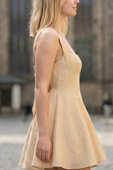 Elegant Beige A-Line Mini Dress with Square Neck