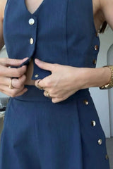 Chic Navy Button-Detail Co-Ord Set with Tailored Trousers