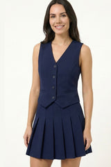 Navy Tailored Button-Front Vest & Pleated Skirt Set