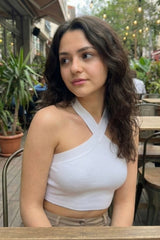 White Ribbed Cross-Halter Crop Top