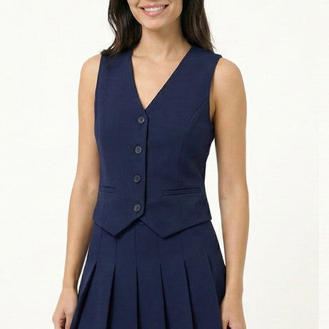 Women’s Sleeveless Buttoned Jacket & Pleated Mini Skirt Set – Navy