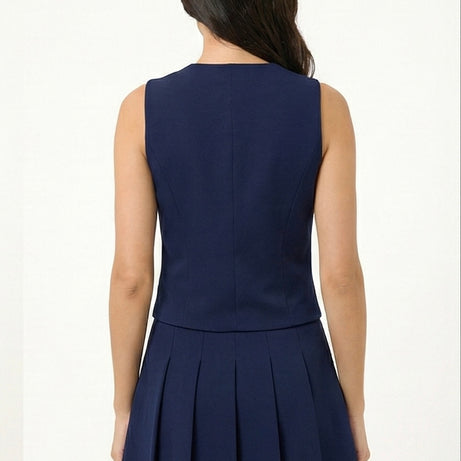 Women’s Sleeveless Buttoned Jacket & Pleated Mini Skirt Set – Navy
