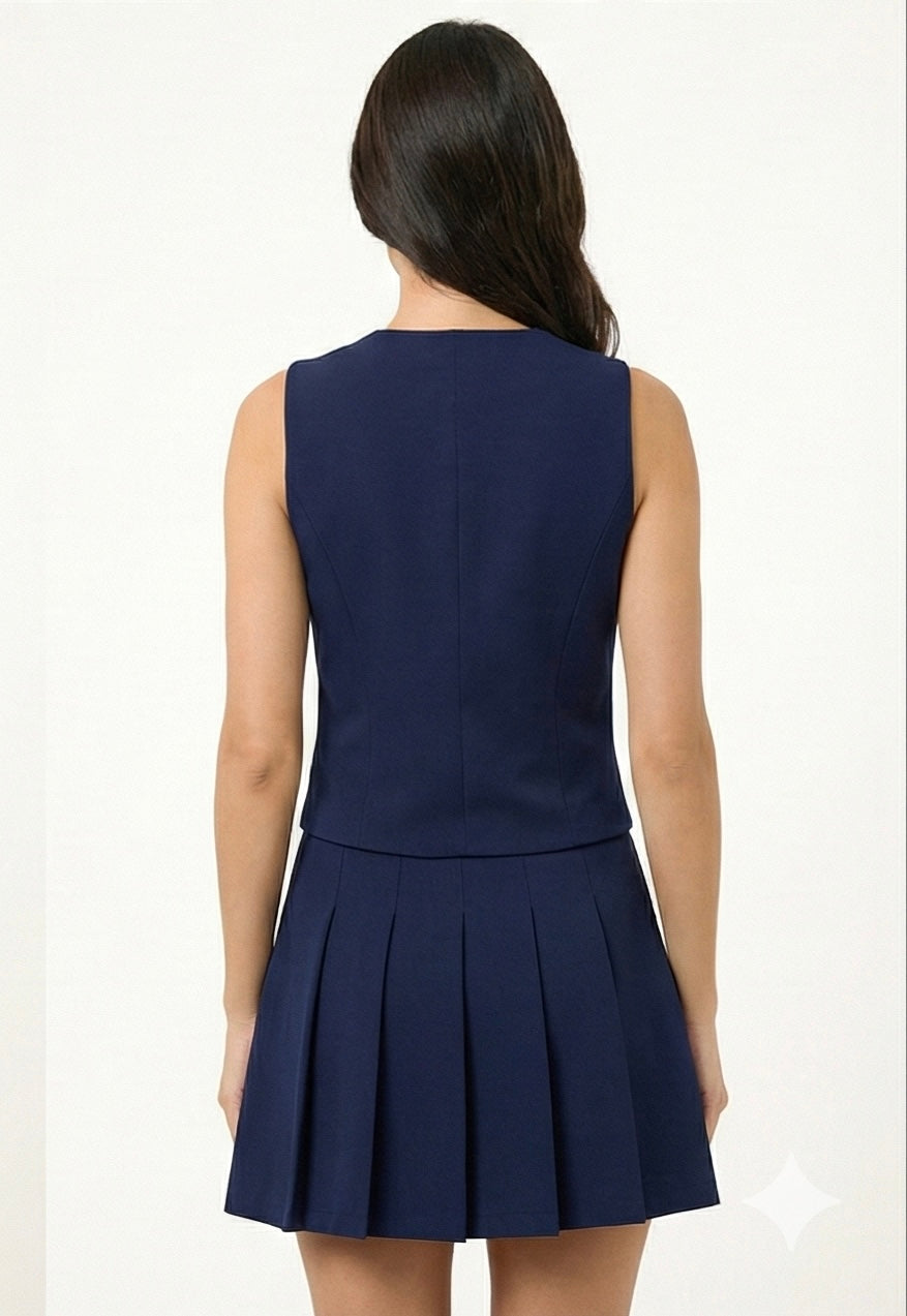 Women’s Sleeveless Buttoned Jacket & Pleated Mini Skirt Set – Navy