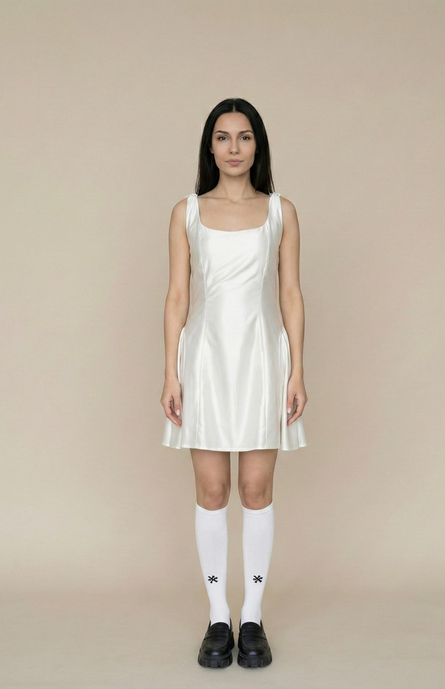 Satin-White Sleeveless One-Piece Dress