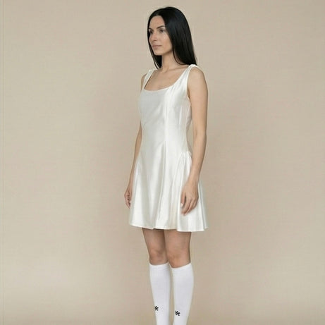 Satin-White Sleeveless One-Piece Dress