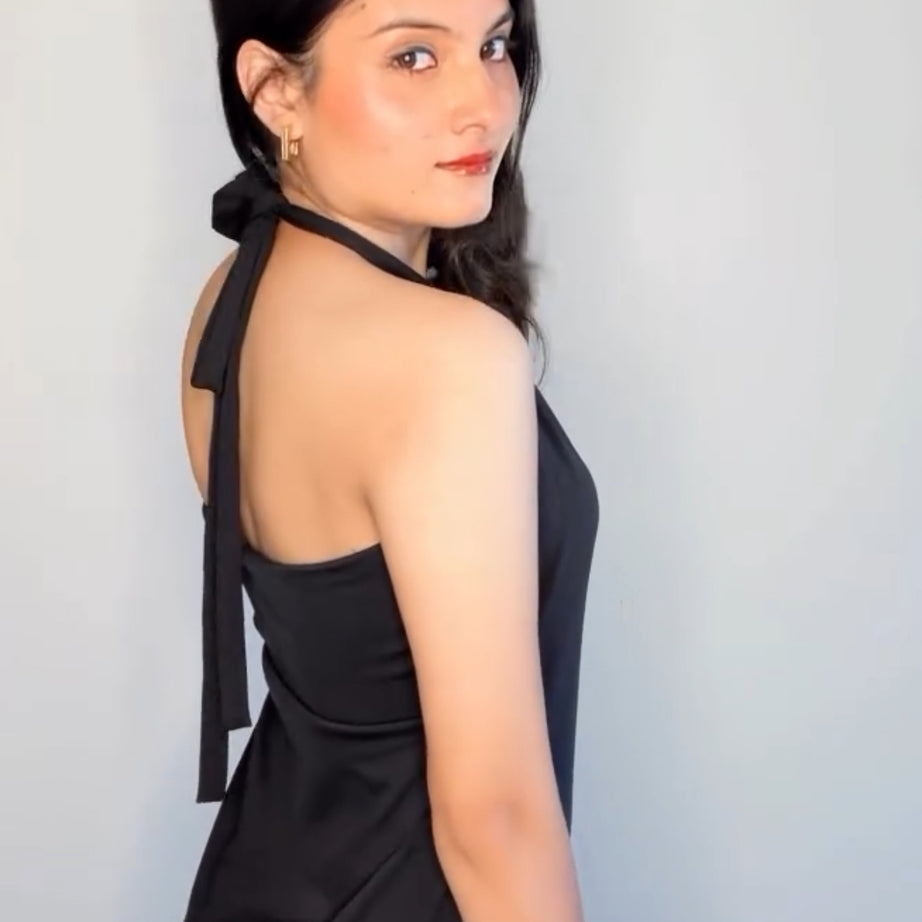 Skyla Slit Midi Dress – Black Elegance with a Bold Edge