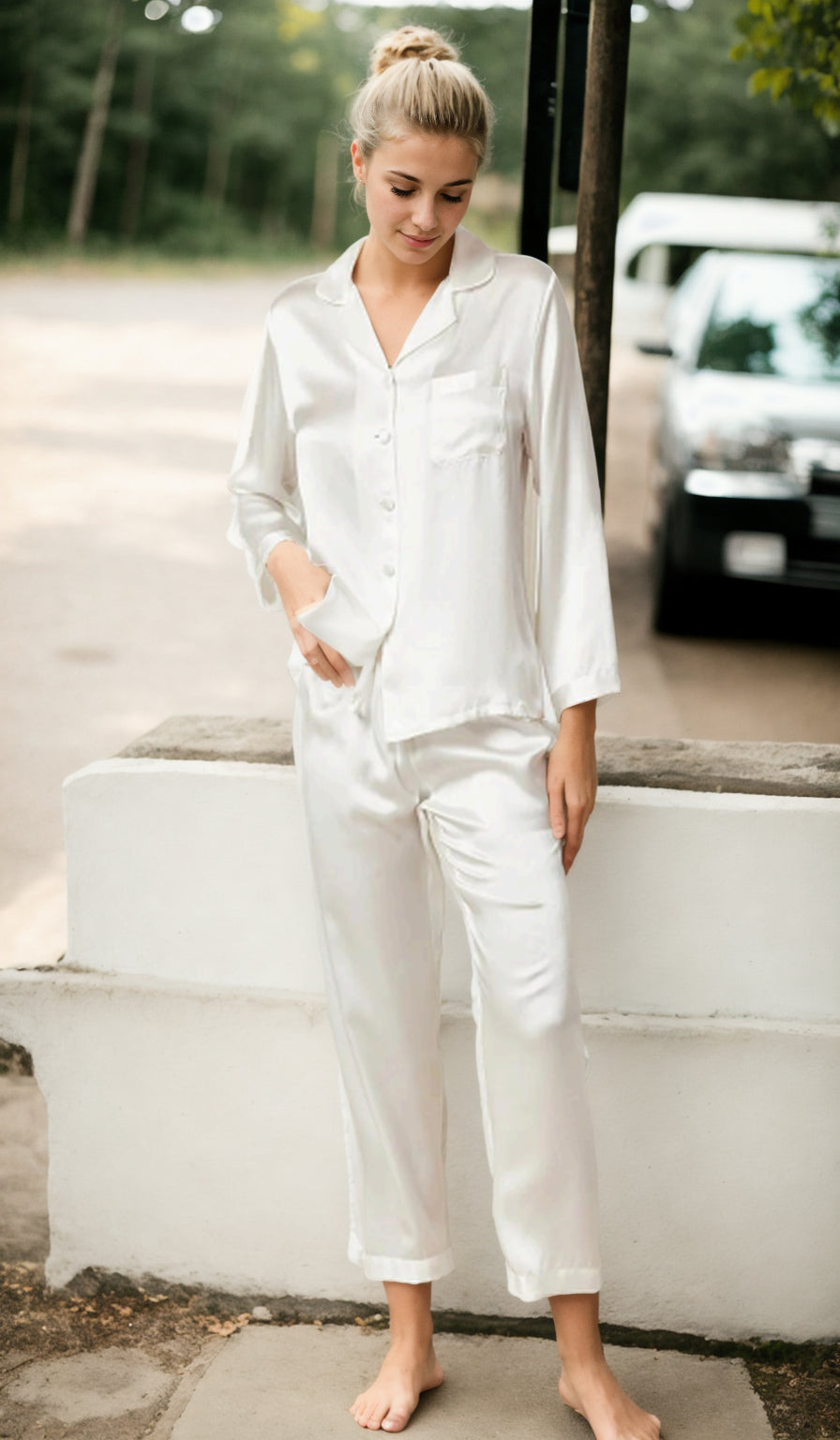 Satin Silk Shirt Collar Long Sleeves Night suit