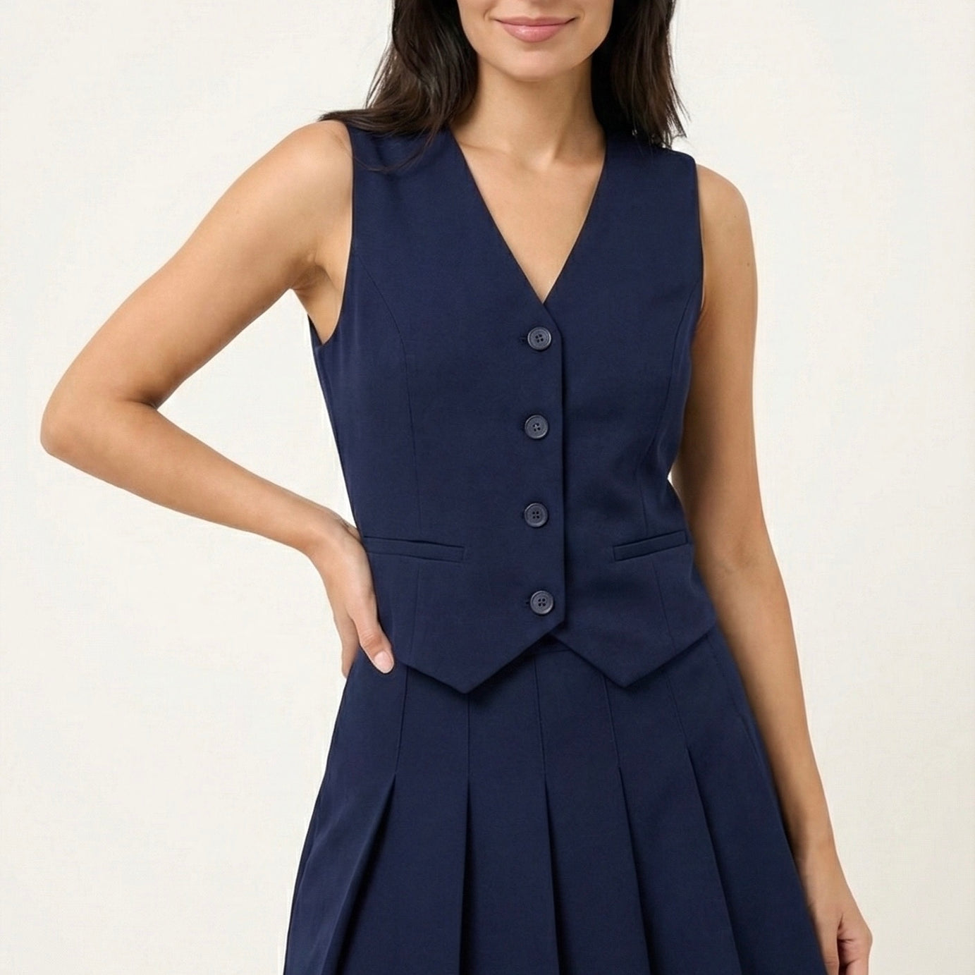 Women’s Sleeveless Buttoned Jacket & Pleated Mini Skirt Set – Navy