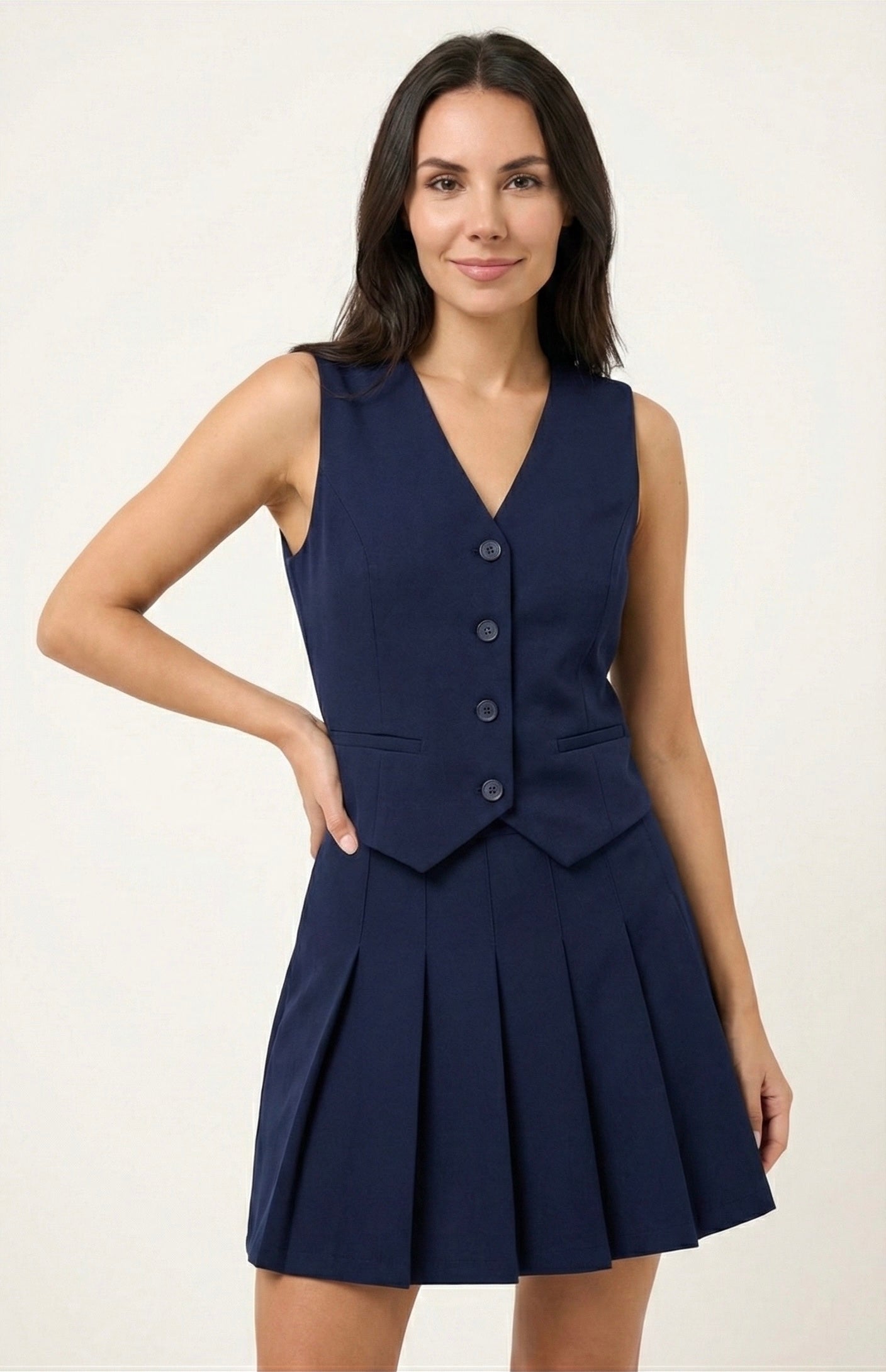 Women’s Sleeveless Buttoned Jacket & Pleated Mini Skirt Set – Navy
