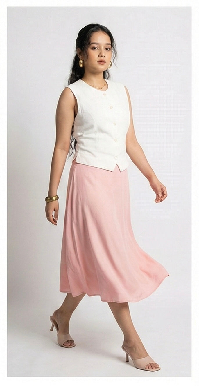 White Sleeveless Button Top & Pink Bow Skirt