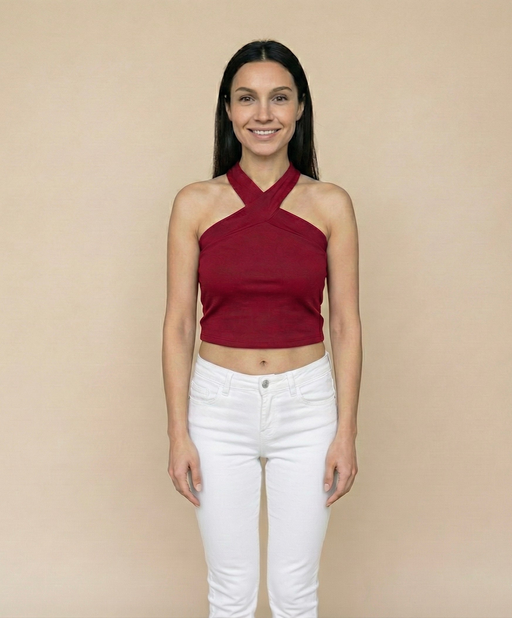 Crimson Criss-Cross Halter Knit Top